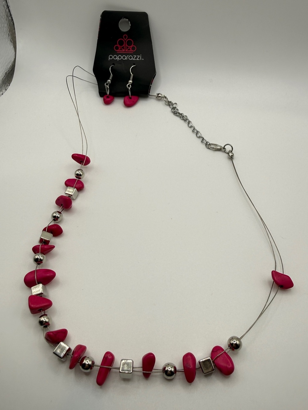 paparazzi Hot Pink Bead & Silver Accent Double-Wire Necklace with Earrings Set